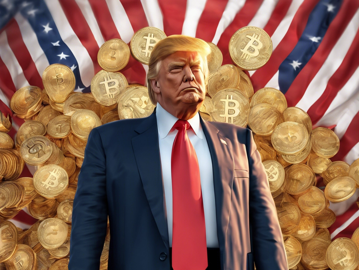 donald trump med bitcoin i bakgrunden