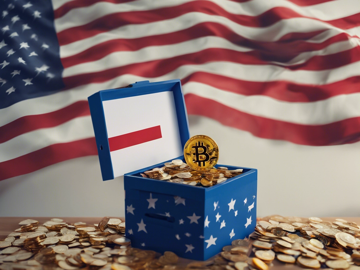 ameriacan flag in background with bitcoin in a box